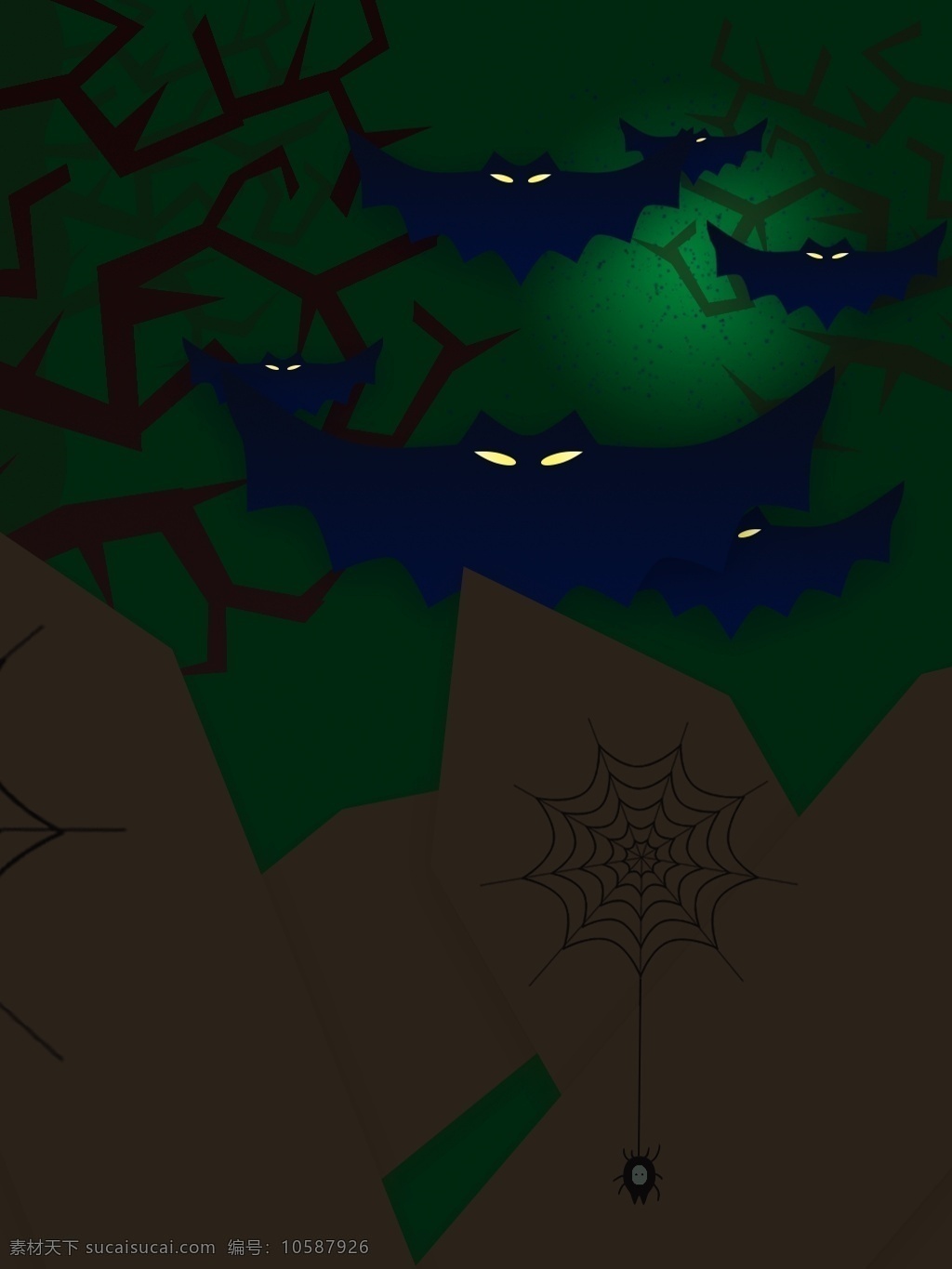 万圣节 蝙蝠 群 暗绿色 渐变 背景 树干 栅栏 蜘蛛网 蜘蛛 绿色渐变 诡异 扭曲 破败