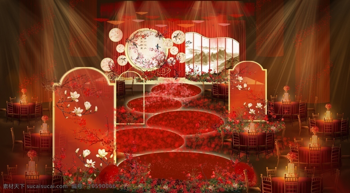 红色 新 中式 婚礼 效果图 新中式 山水画 伞 婚礼效果图 江南风