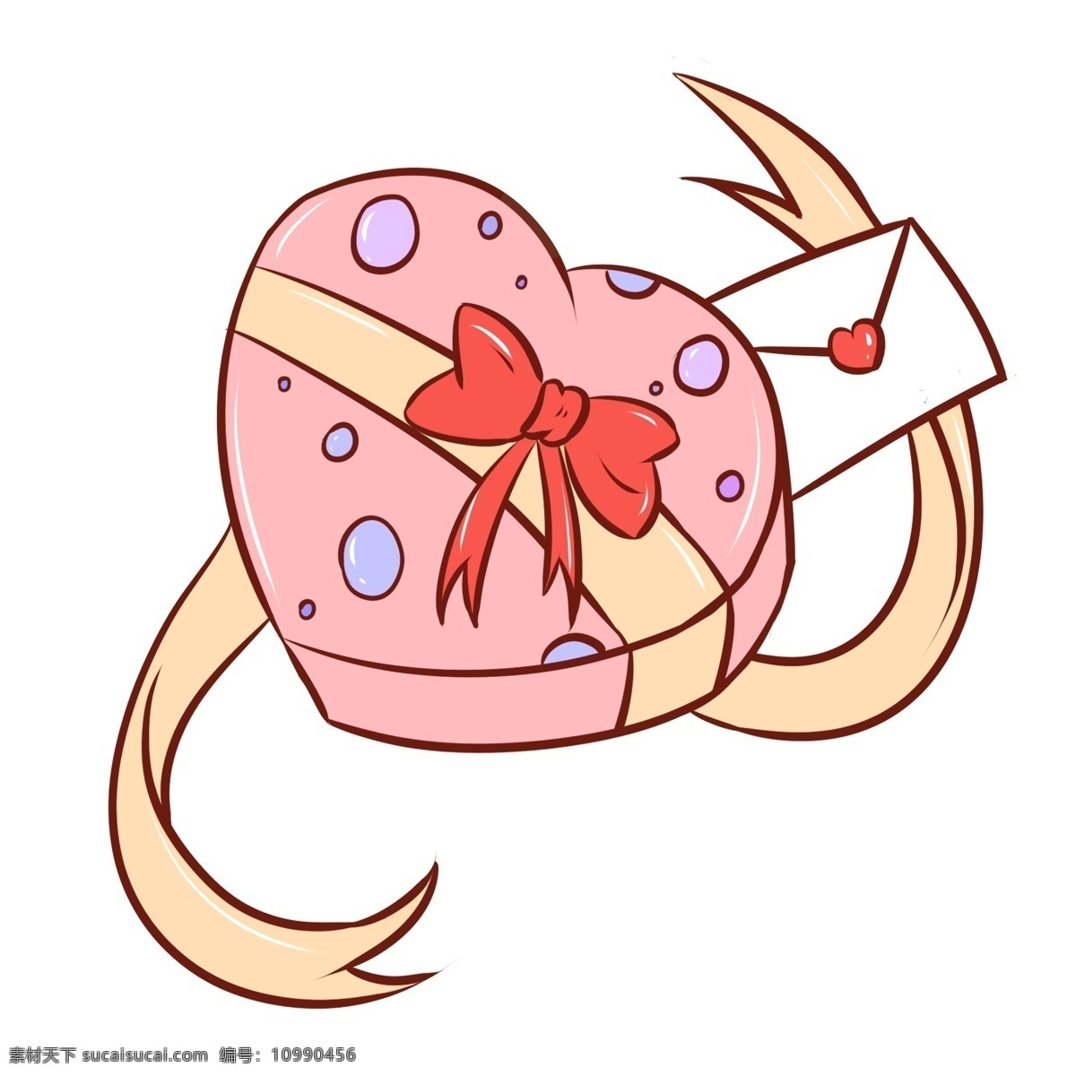 情人节 爱心 礼盒 插画 情人爱心礼盒 黄色的丝带 红色的蝴蝶结 白色的信封 手绘爱心礼盒 卡通爱心礼盒