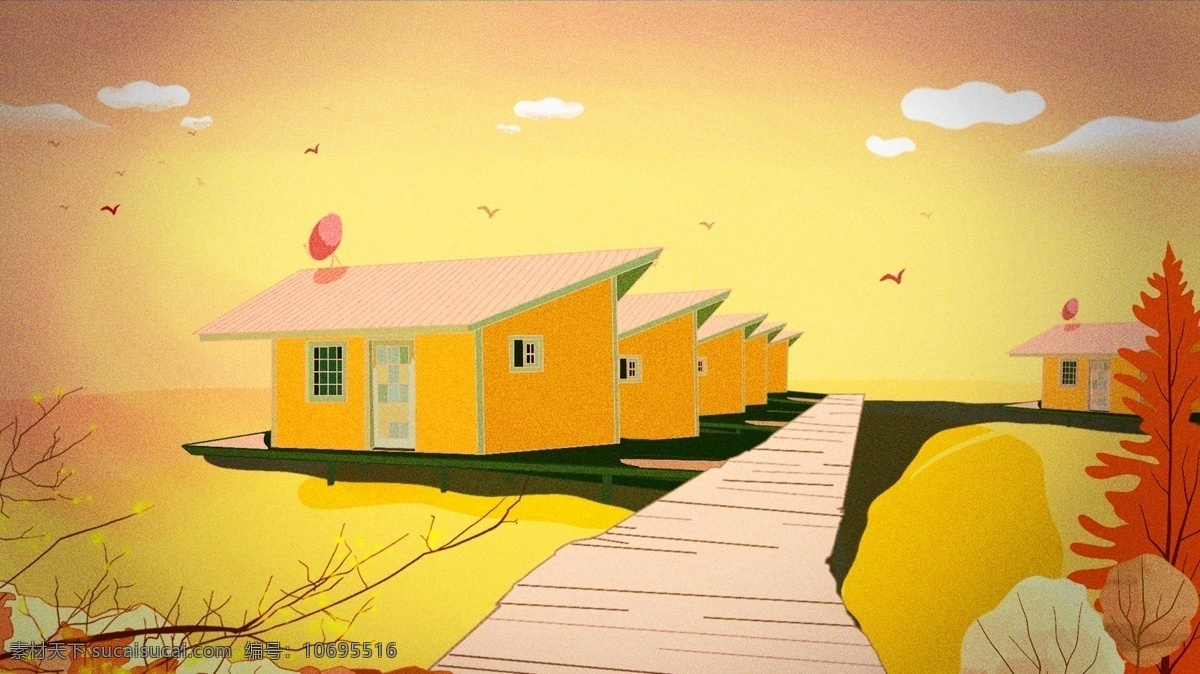 黄色 手绘 房子 背景 彩色背景 手绘背景 道路 温馨背景 房子背景 广告背景 水彩背景