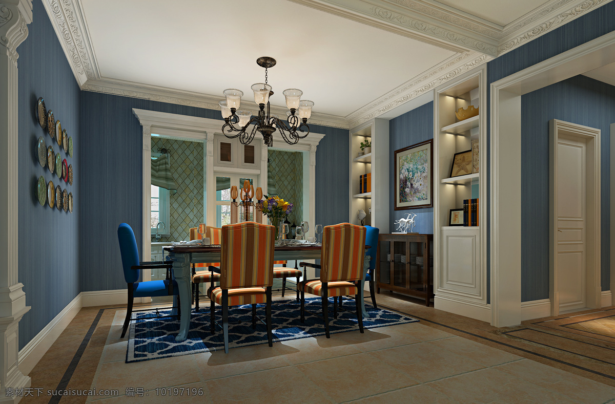 美式 风格 客厅 条纹 椅子 室内装修 效果图 浅褐色地板 客厅装修 深蓝色背景墙 水晶吊灯