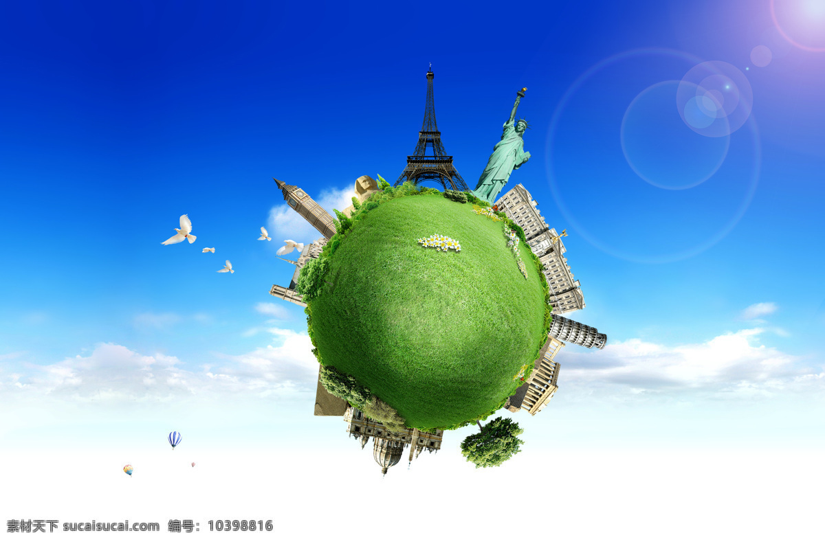 绿色 地球 建筑物 草地 自由女神 艾菲尔铁塔 国外建筑 欧洲旅游 绿色地球 蓝天白云 旅游 旅游度假 休闲旅游 旅游海报 旅游展板 地球图片 环境家居