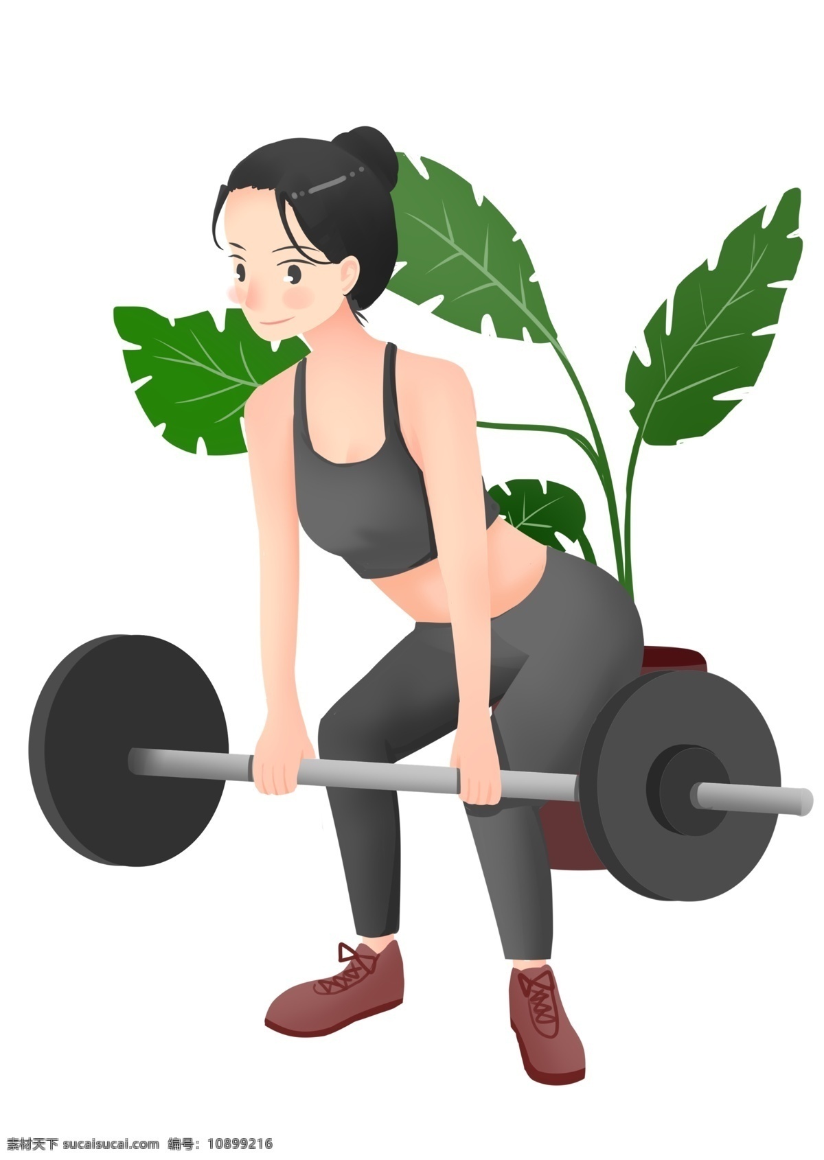 举 杠铃 健身 女孩 绿色的叶子 健身运动 卡通插画 体育运动 活动筋骨 加强锻炼 举杠铃健身