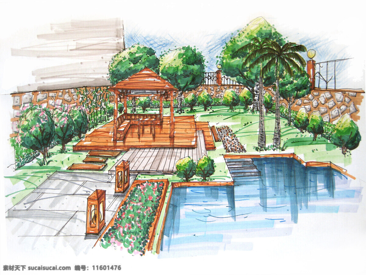 凉亭 手绘 效果图 景观 室外 园林小景 景观设计 环境设计