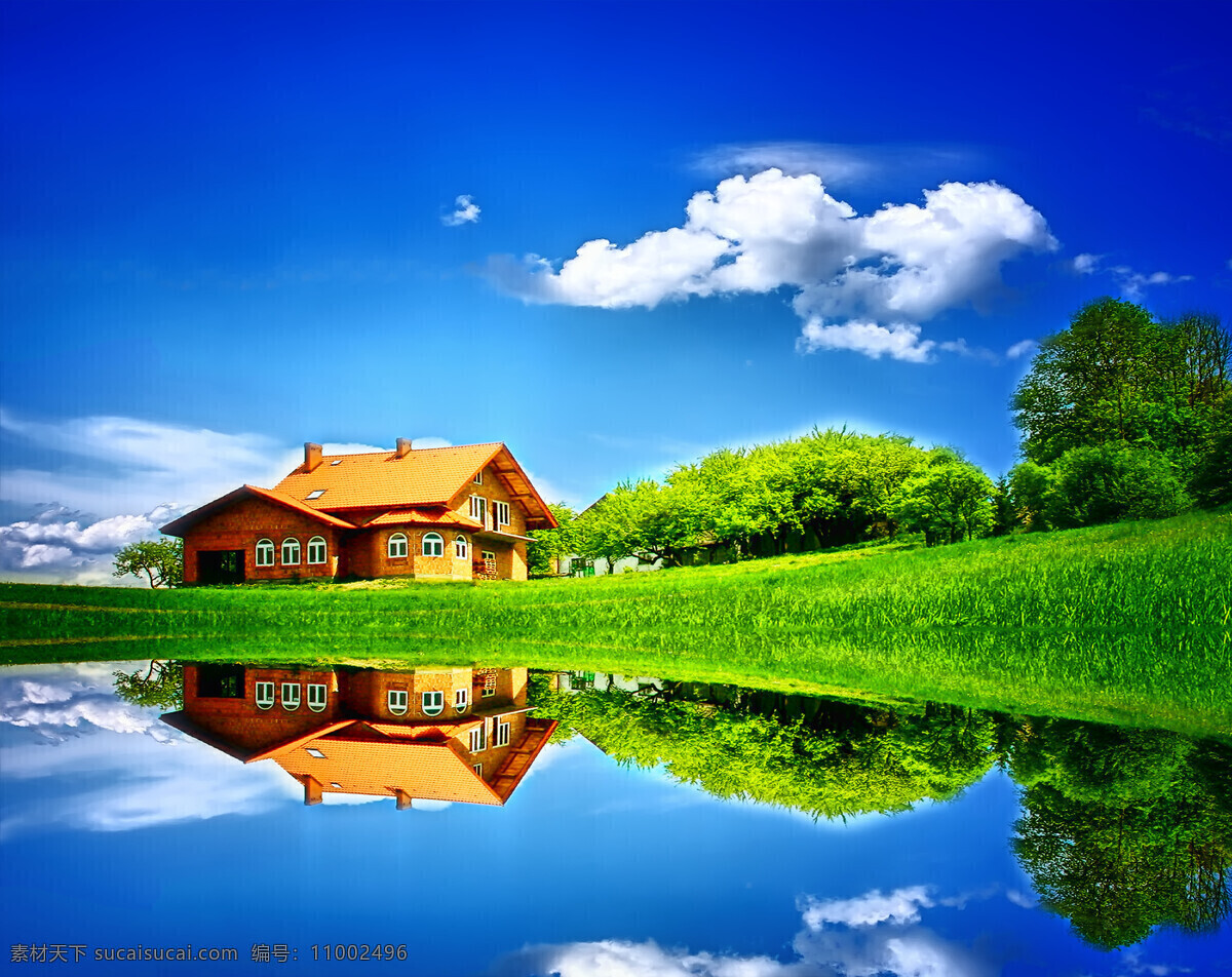 户外风景 房屋 小木屋 蓝天白云 别墅 绿色 草地 树木 田园 湖 自然风景 自然景观