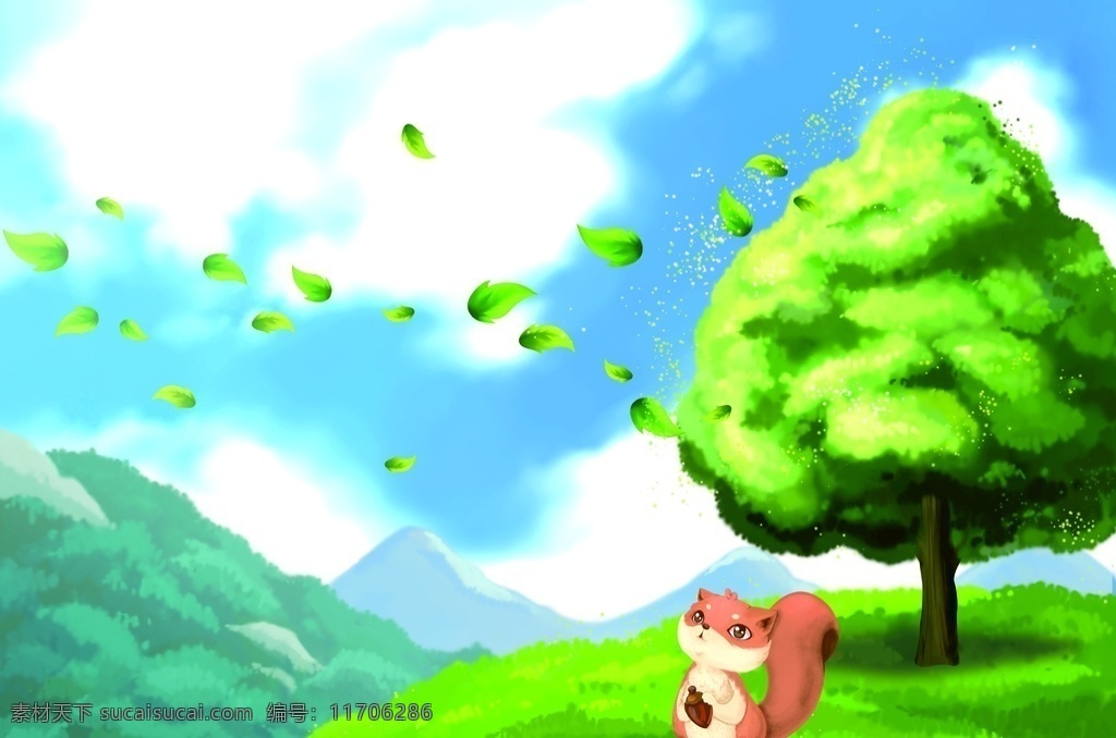 松鼠 绿色 树木 插画 卡通 清新 背景 海报