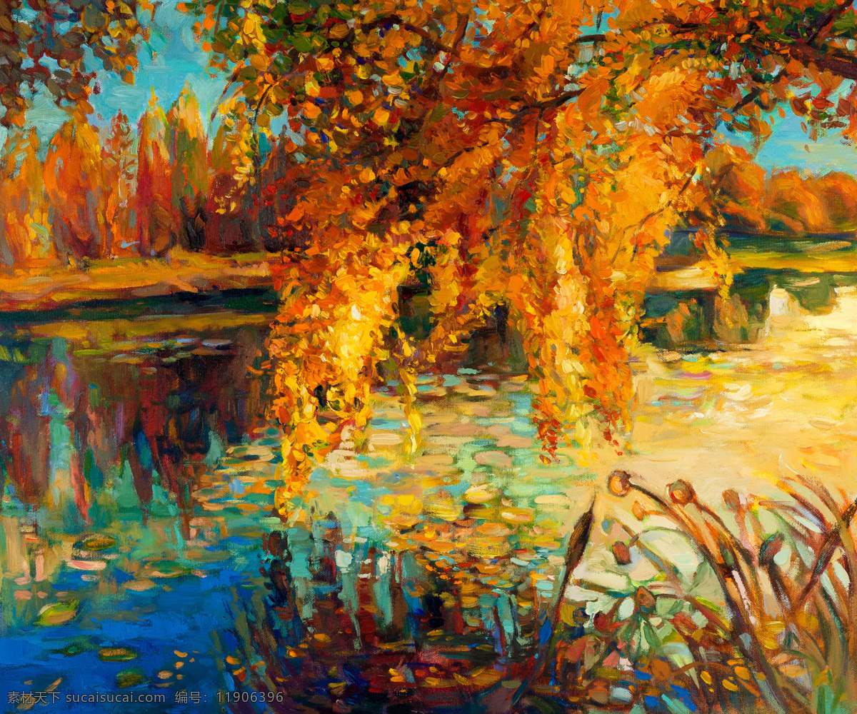 绚丽 河面 树林 秋景 油画 绚丽的河面 树木 黄色树枝 植物 美景 书画文字 文化艺术