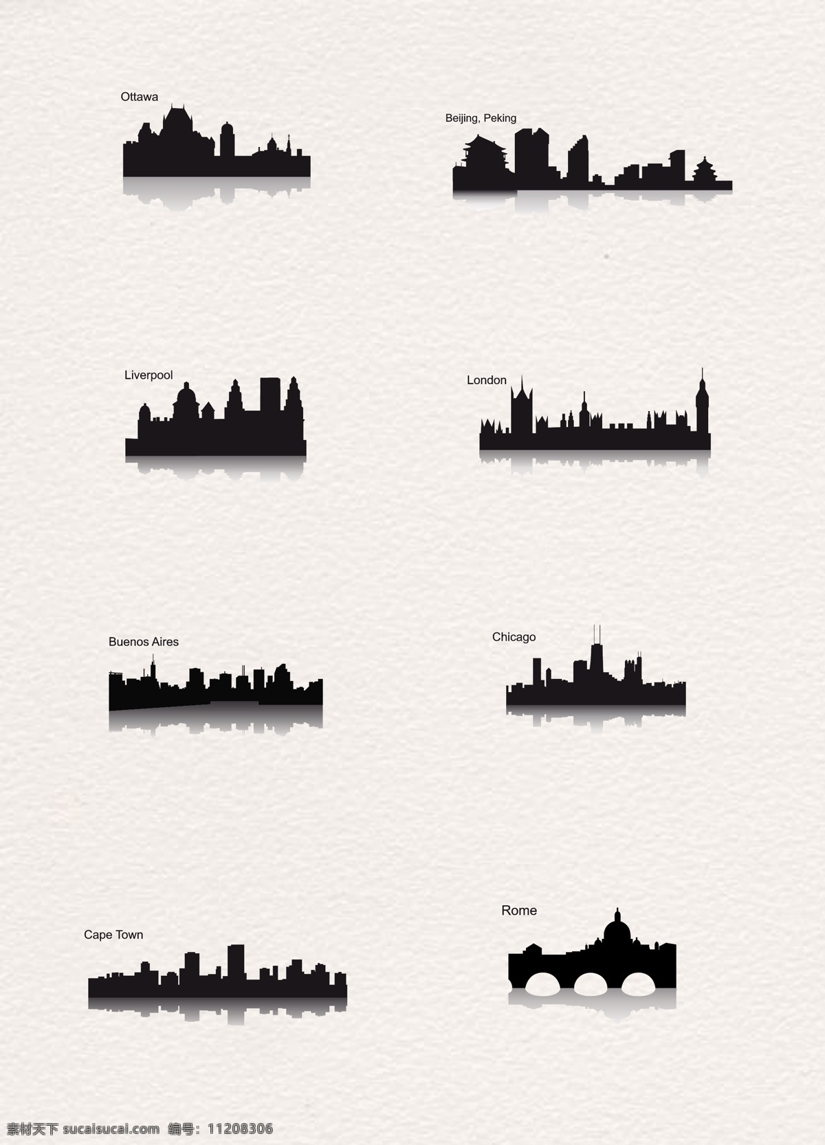 黑色 简约 城市 剪影 城市剪影 矢量图 罗马 渥太华 背景 利物浦 伦敦 布宜诺斯艾利斯 芝加哥 开普敦