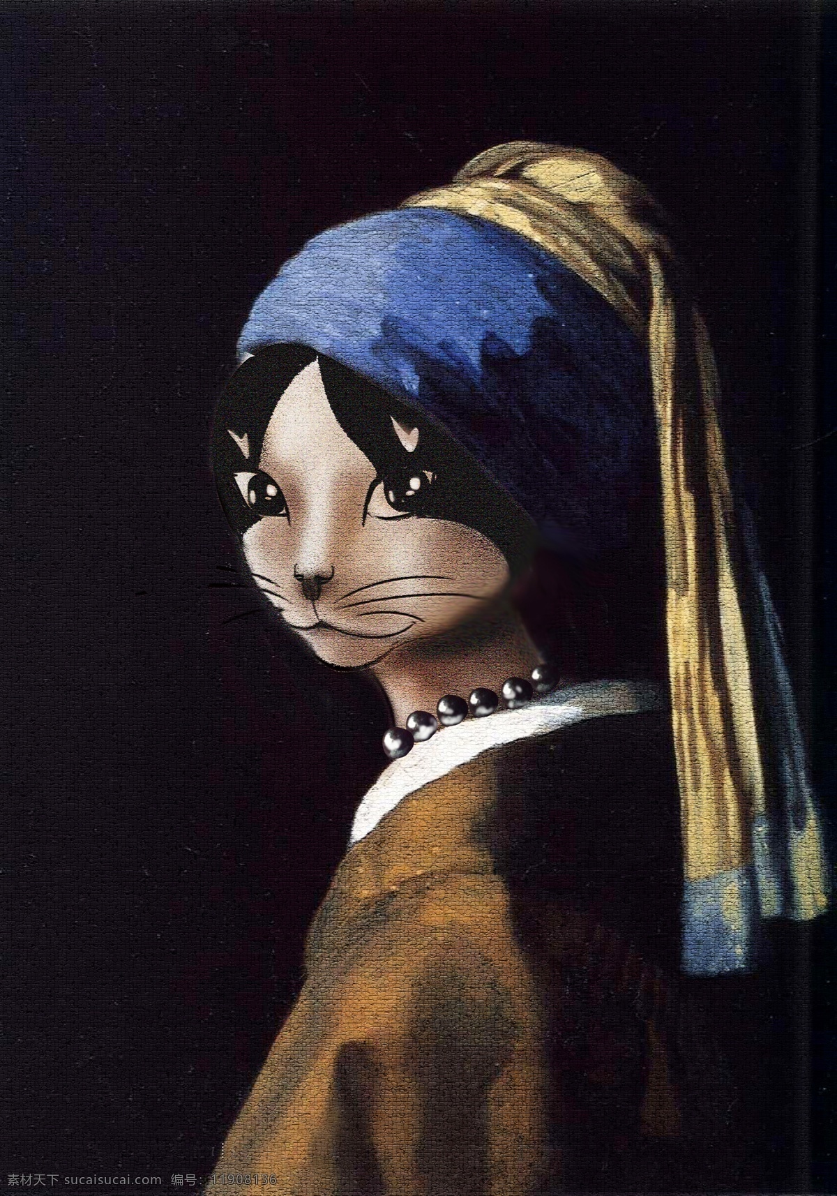 戴 珍珠 项链 的卡 通 猫咪 少女 创意插画 时尚装饰画 手绘猫咪小姐 卡通猫素材 古典风格猫咪