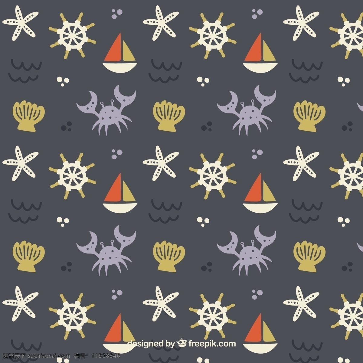 可爱 帆船 图案 螃蟹 背景 模式 夏季 海洋 船舶 船 帽子 海里 元素 贝壳 无缝图案 章鱼 水手 无缝 海军