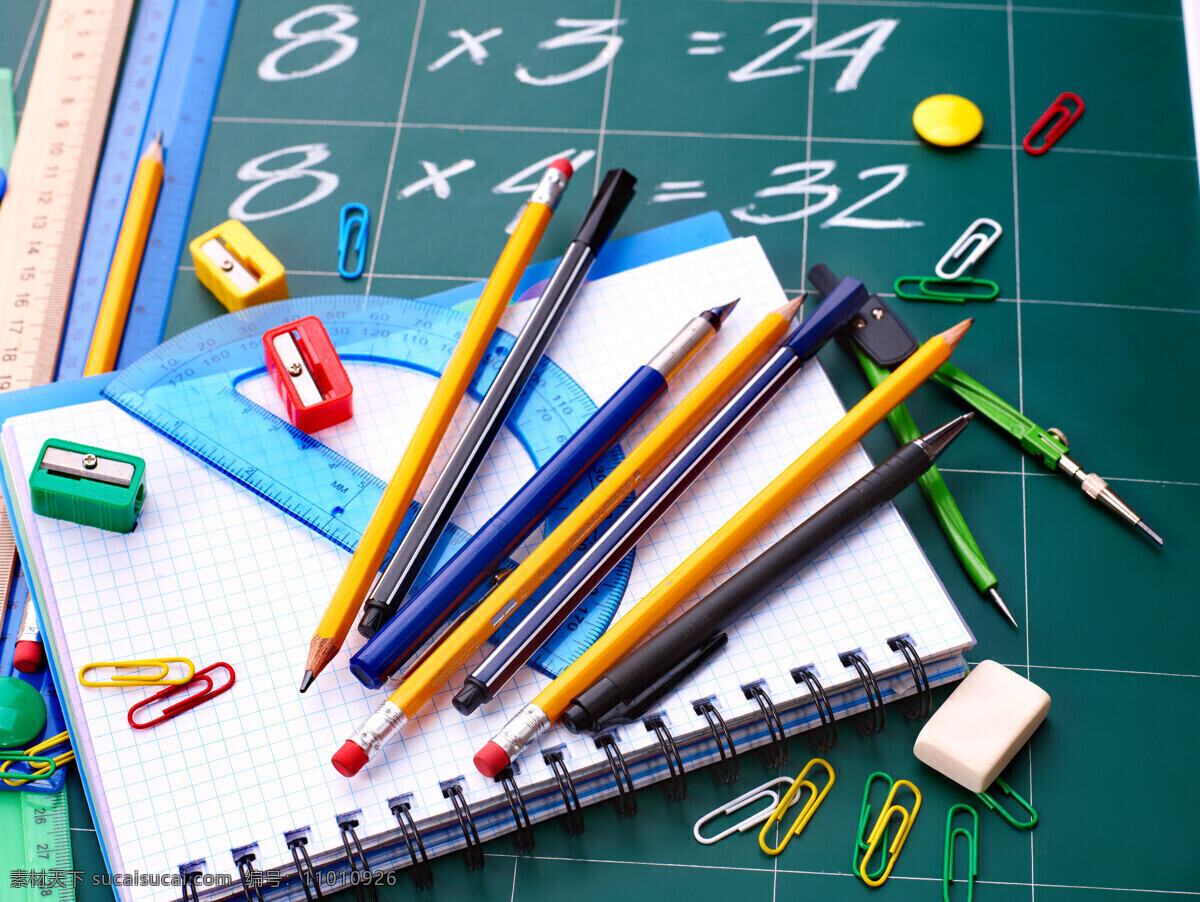 黑板 上 学习用品 办公学习 学习教育 铅笔 笔记本 量角器 圆规 钢笔 生活百科