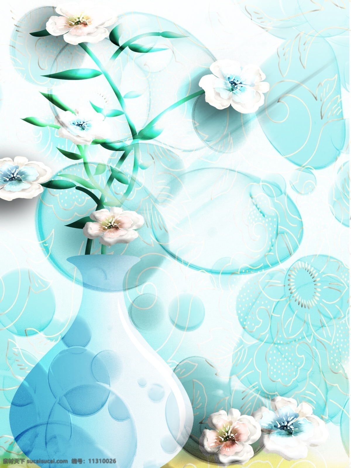 简约 蓝色 花瓶 客厅 装饰画 蓝色水泡 立体花朵 客厅装饰画 一联画