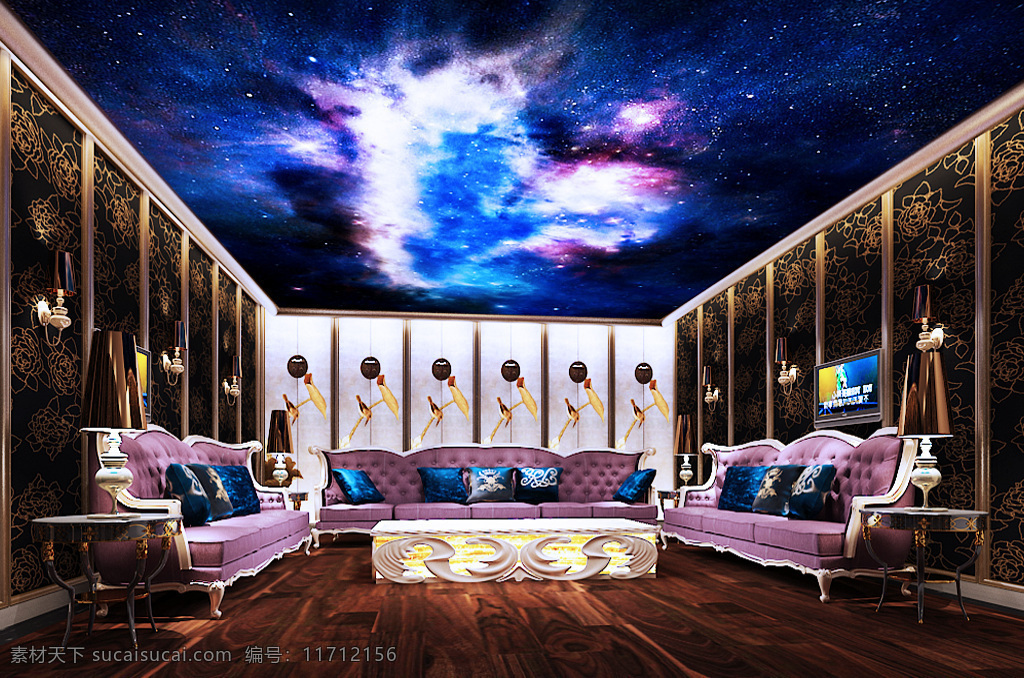 室内设计 3d 效果图 ktv 新 中式 高端 小包 间 简欧沙发 星河 中国画