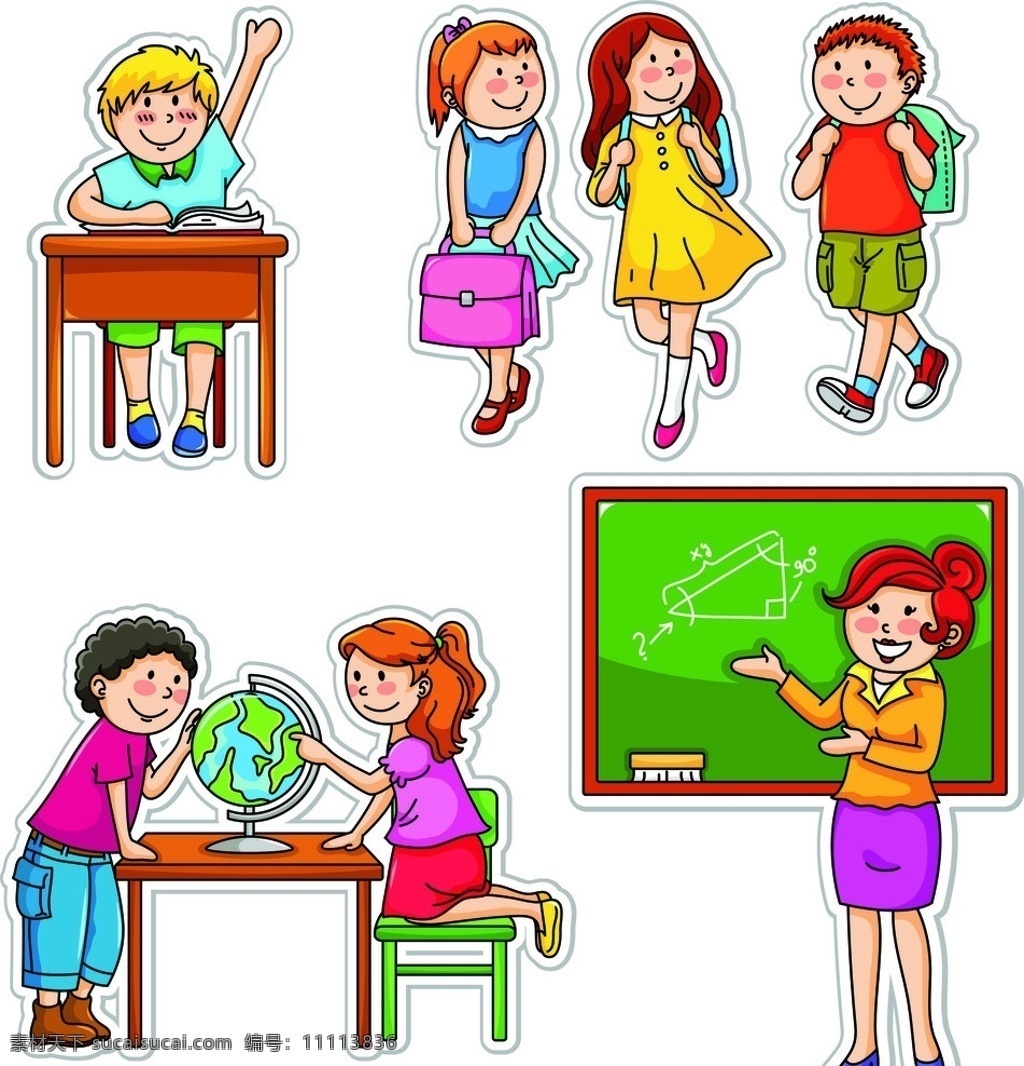 学生 学校 人物 上学 卡通 老师 上课 黑板 书桌 地球 课桌 矢量
