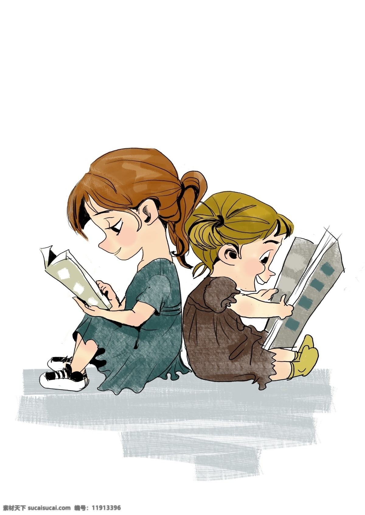 手绘 看书 小朋友 学习 免 抠 插图 小学生 小伙伴 一起 背靠背学习