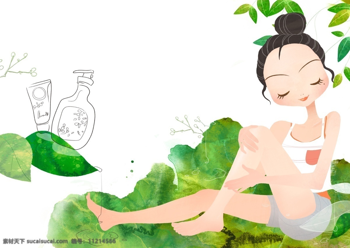 做 瑜伽 运动 时尚 女孩 插画 健康生活 绿叶 免费插画素材 psd源文件