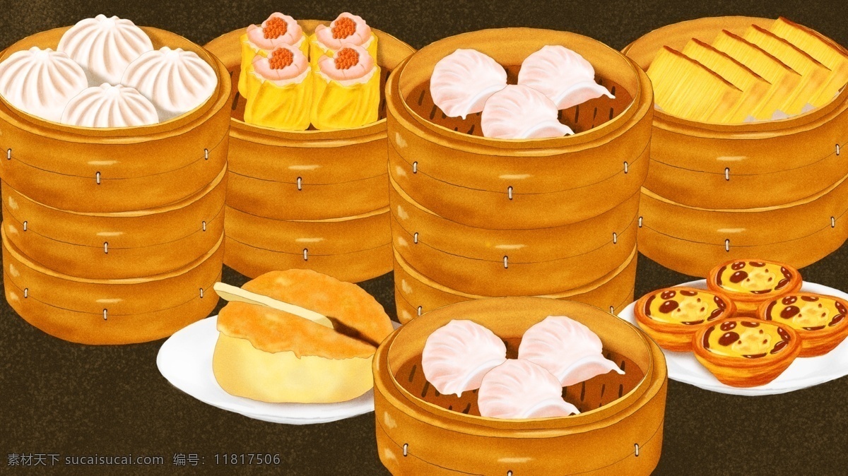 广东 传统 早茶 合 辑 虾 饺 黄金 糕 蛋 挞 叉烧 包 插画 蒸笼 烧麦 蛋挞 细腻 广东早茶 虾饺皇 虾饺 真实写实 菠萝包 黄金糕