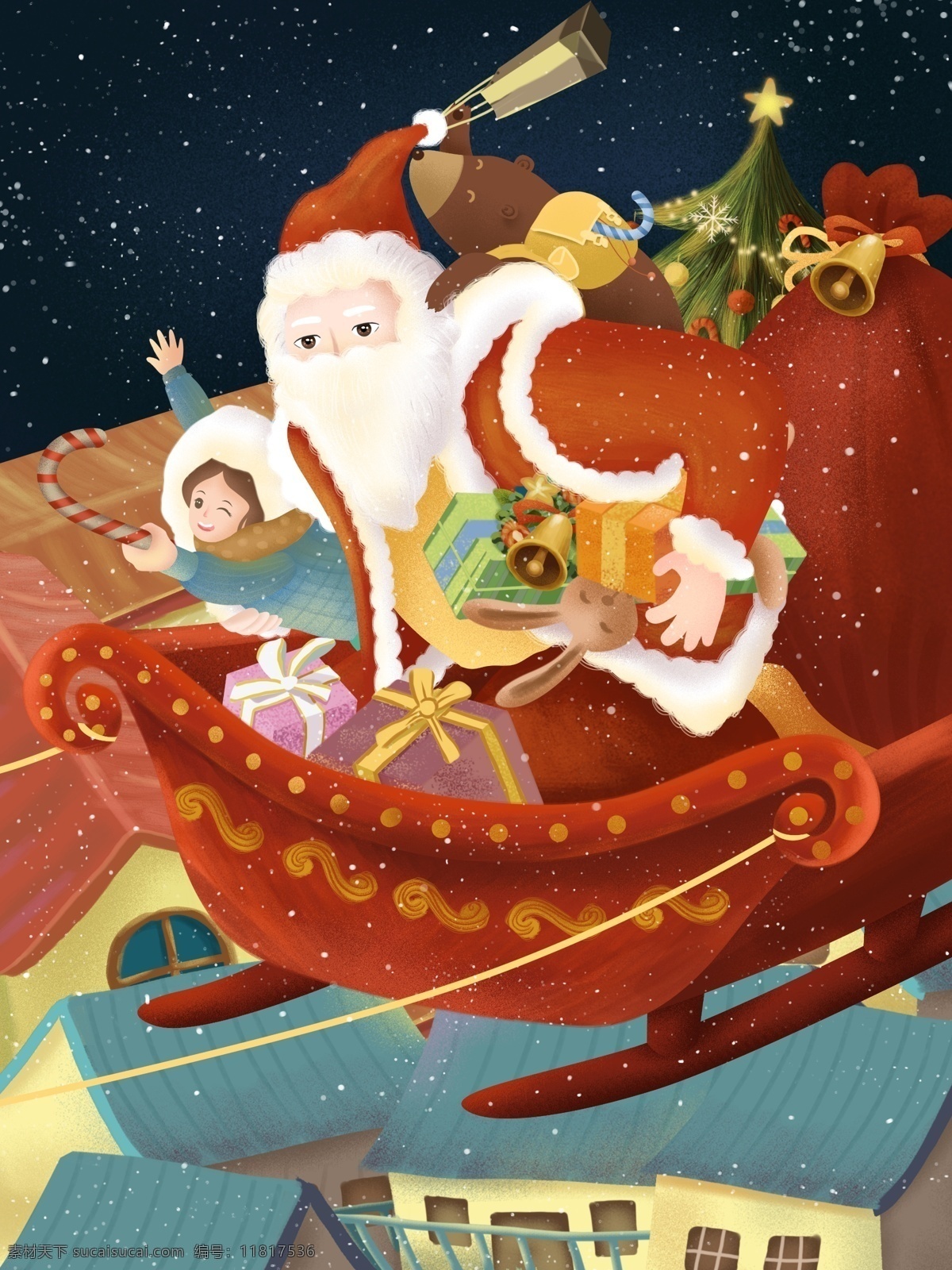 原创 手绘 插画 圣诞节 圣诞老人 送礼 物 礼物 雪橇 手绘插画 圣诞 圣诞车