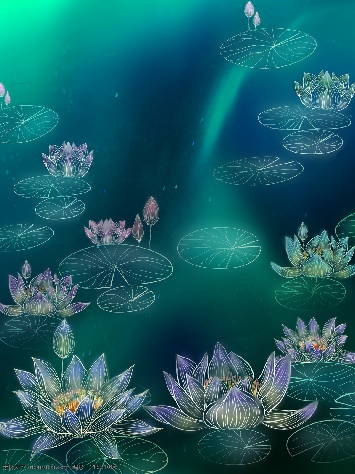 浪漫 炫彩 池塘 背景 荷叶 卡通 彩色 小清新 创意 矢量 插画 手绘 元素 现代 简约 装饰 图案