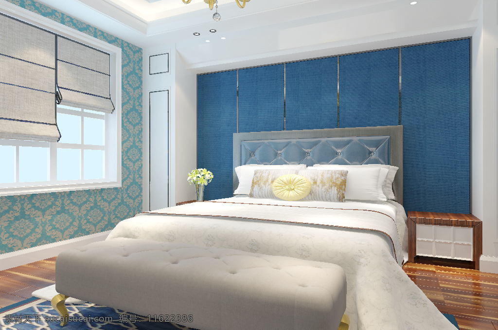 简约 欧式 清新 卧室 效果图 蓝色 时尚 3d 壁纸