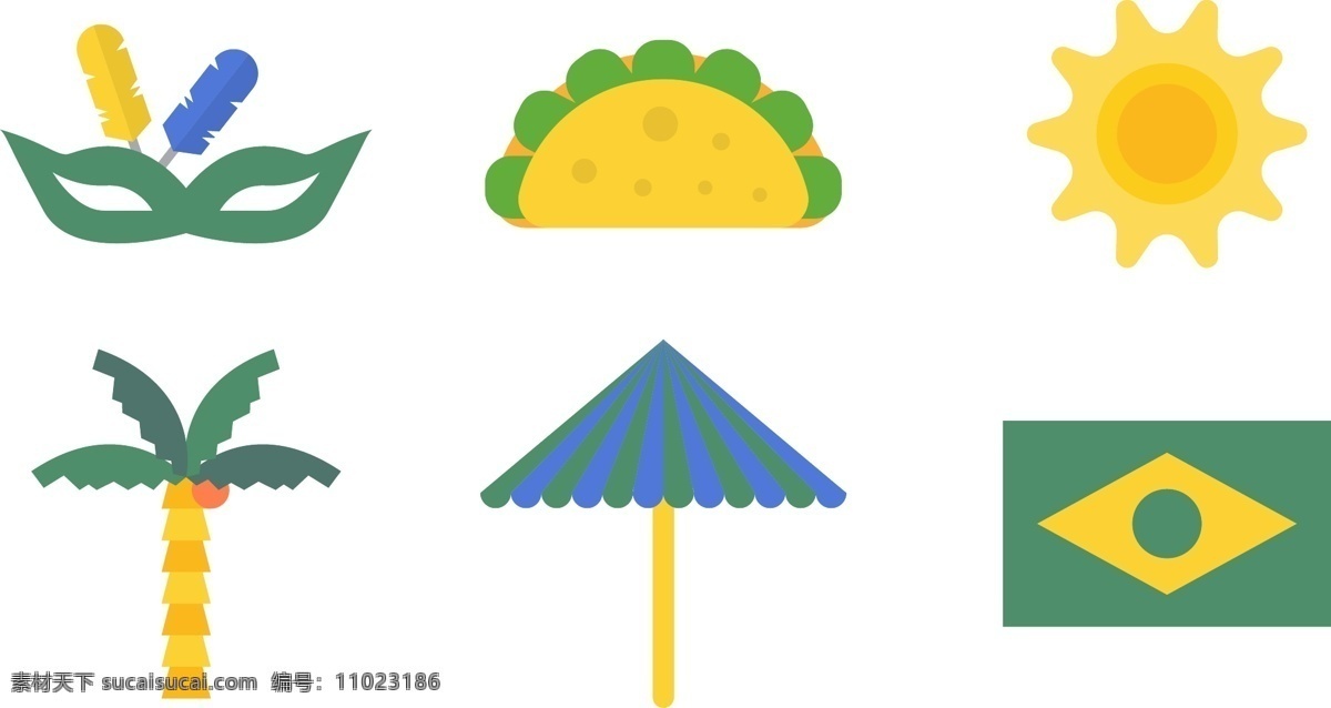 巴西矢量素材 巴西 面具 国旗 太阳 椰子树 伞 白色