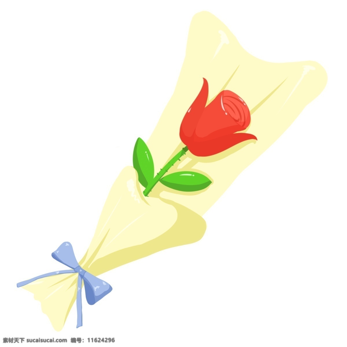情人节 玫瑰花 插画 情人节玫瑰花 红色玫瑰花 鲜花 鲜艳 花朵 束 绿色的叶子 黄色包纸