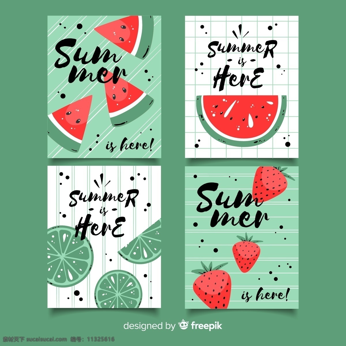 4款创意 夏季西瓜和 柠檬草莓卡片 水果 创意 夏季 西瓜 草莓 青柠 卡片 矢量图 ai格式
