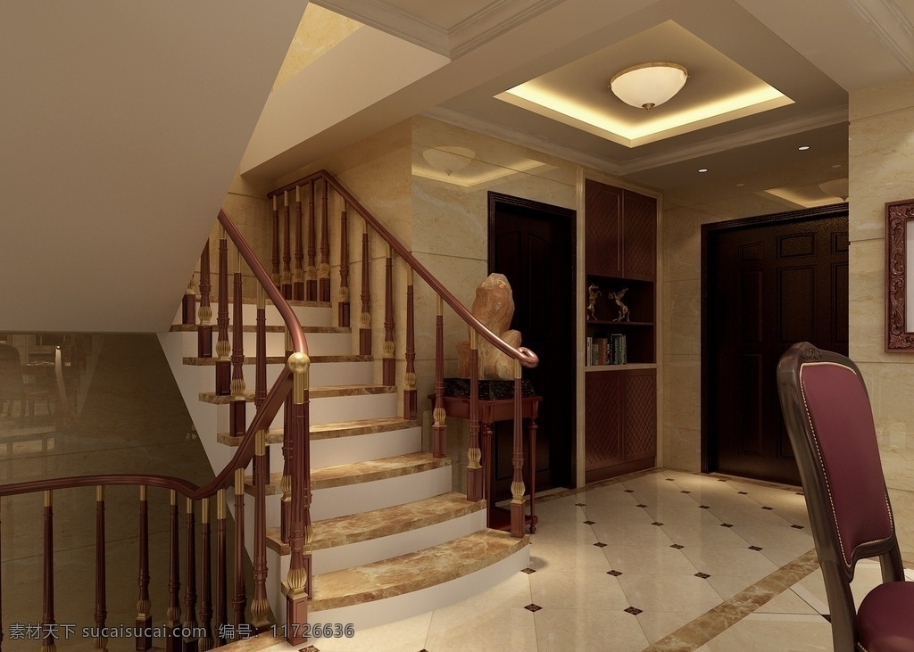 3d 别墅 楼梯 过道 效果图 3d模型 楼道效果图 楼梯过道 复古 中式 3d室内设计 室内模型 3d设计 玄关 max