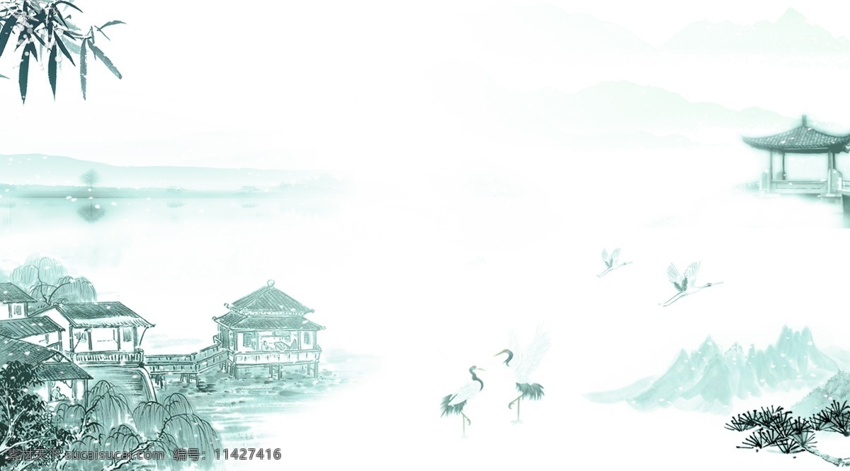 中国 风 水墨 山水 展板 背景 古风 插画 桌面壁纸 高山流水 简约 插图 配图