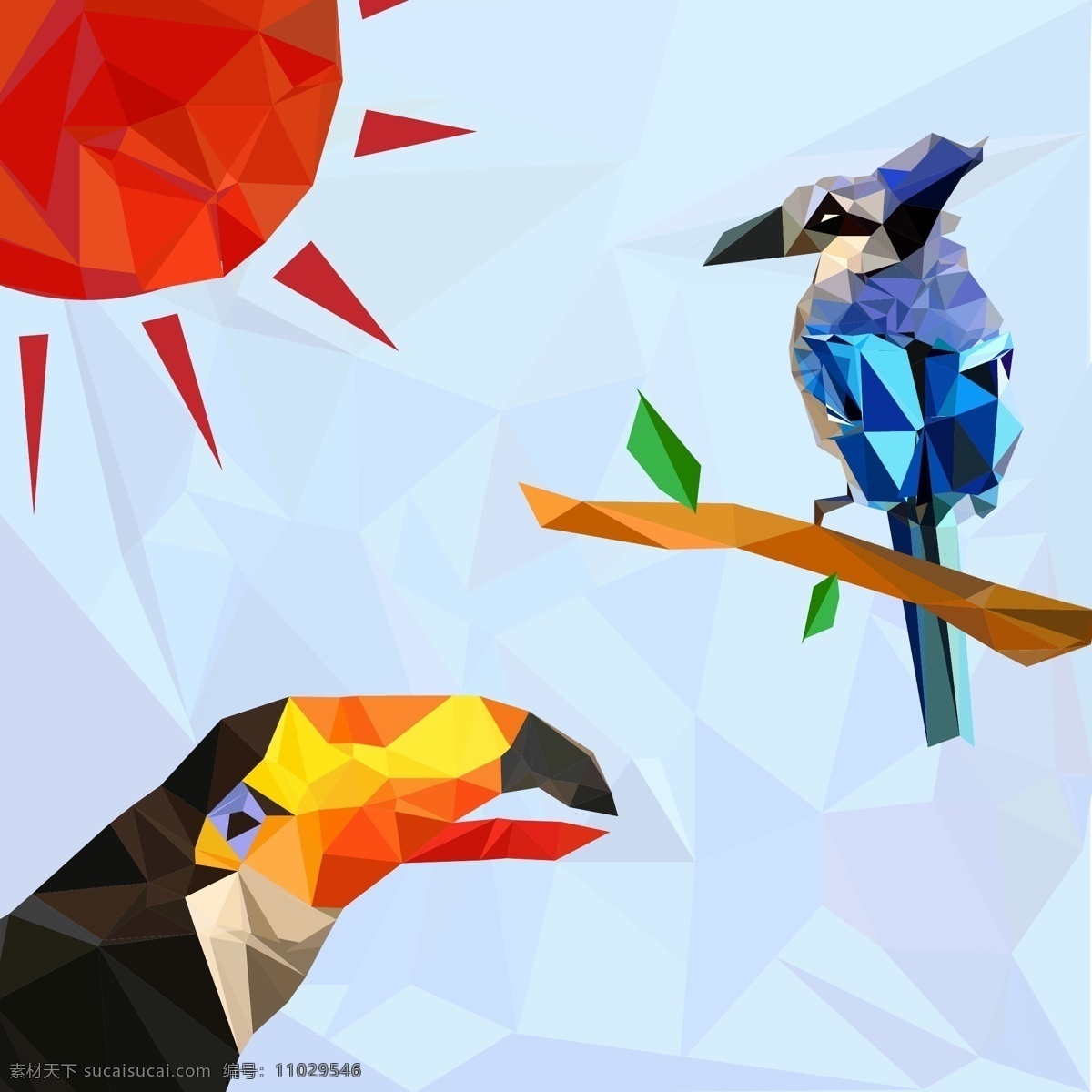 彩色 小鸟 鹦鹉 多彩 棱角 拼接 装饰 元素 鸟类 太阳 低多边形 lowpoly