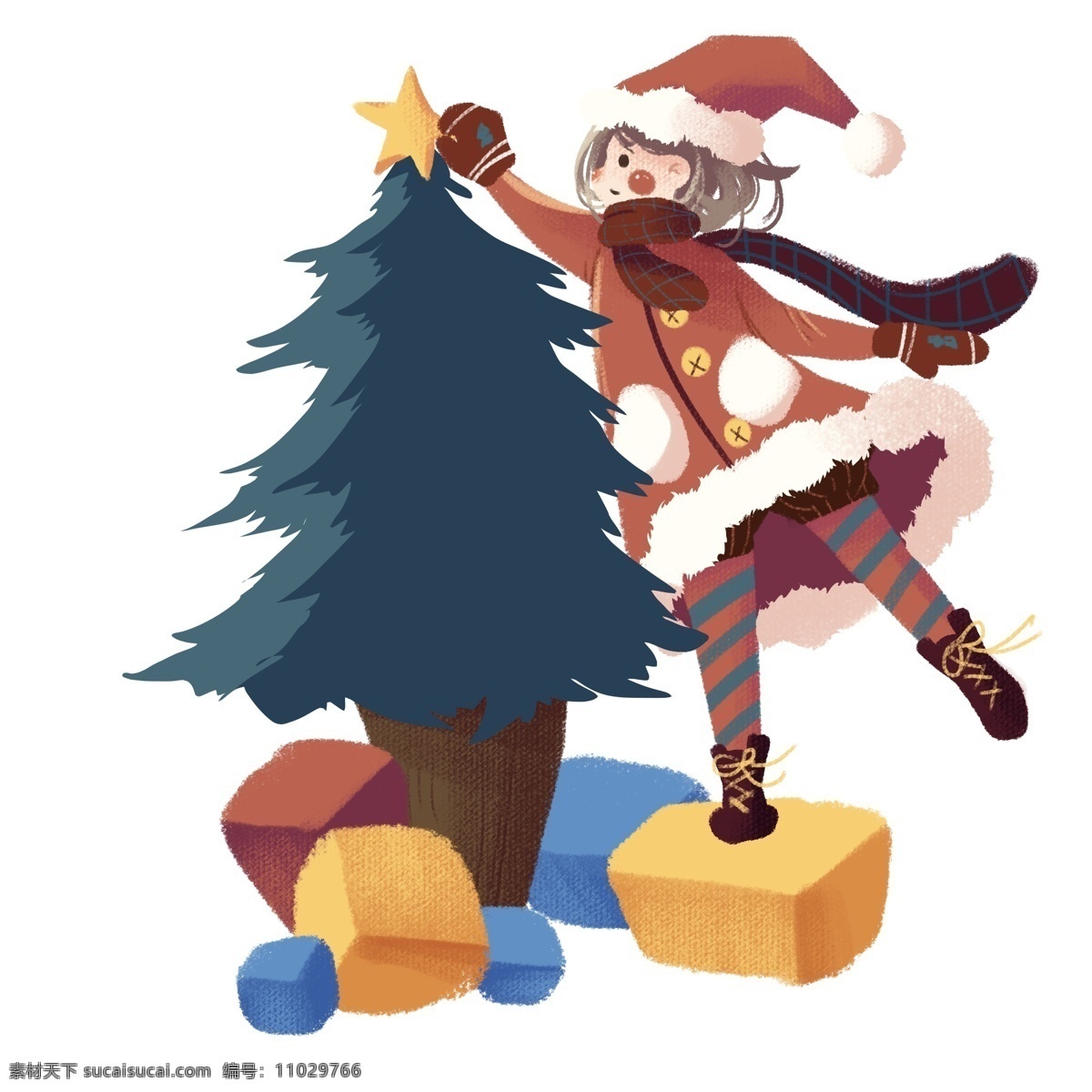 手绘 圣诞节 可爱 女孩 戴 圣诞 帽 大雪人 驯鹿 圣诞树 雪松 卡通 圣诞节场景