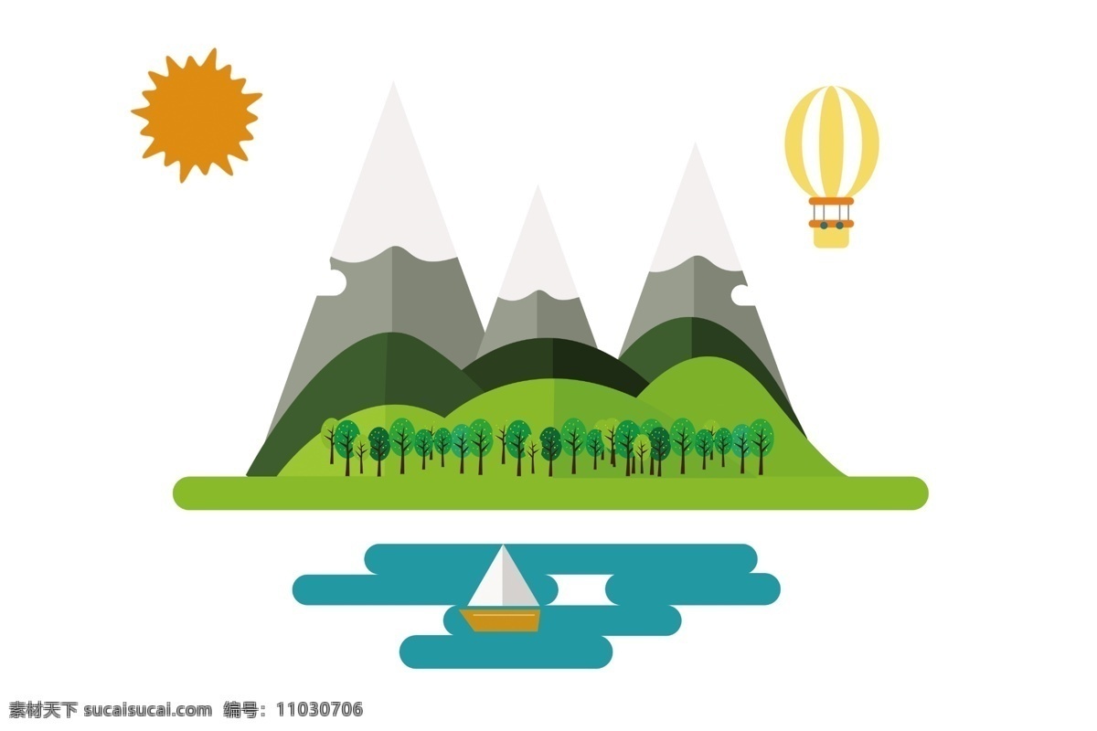 江河山石 插画 汽球 太阳 海报宣传单类 分层