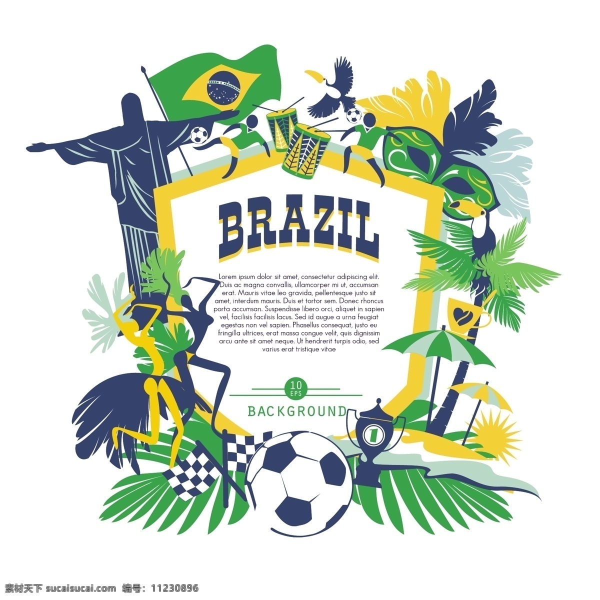 绿色 巴西 世界杯 海报 模板下载 足球 耶稣 椰子树 体育运动 生活百科 矢量素材 白色