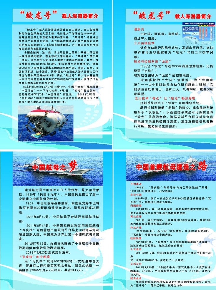 中国航母 蛟龙号 科普展板 蓝色海洋 展板模板 矢量