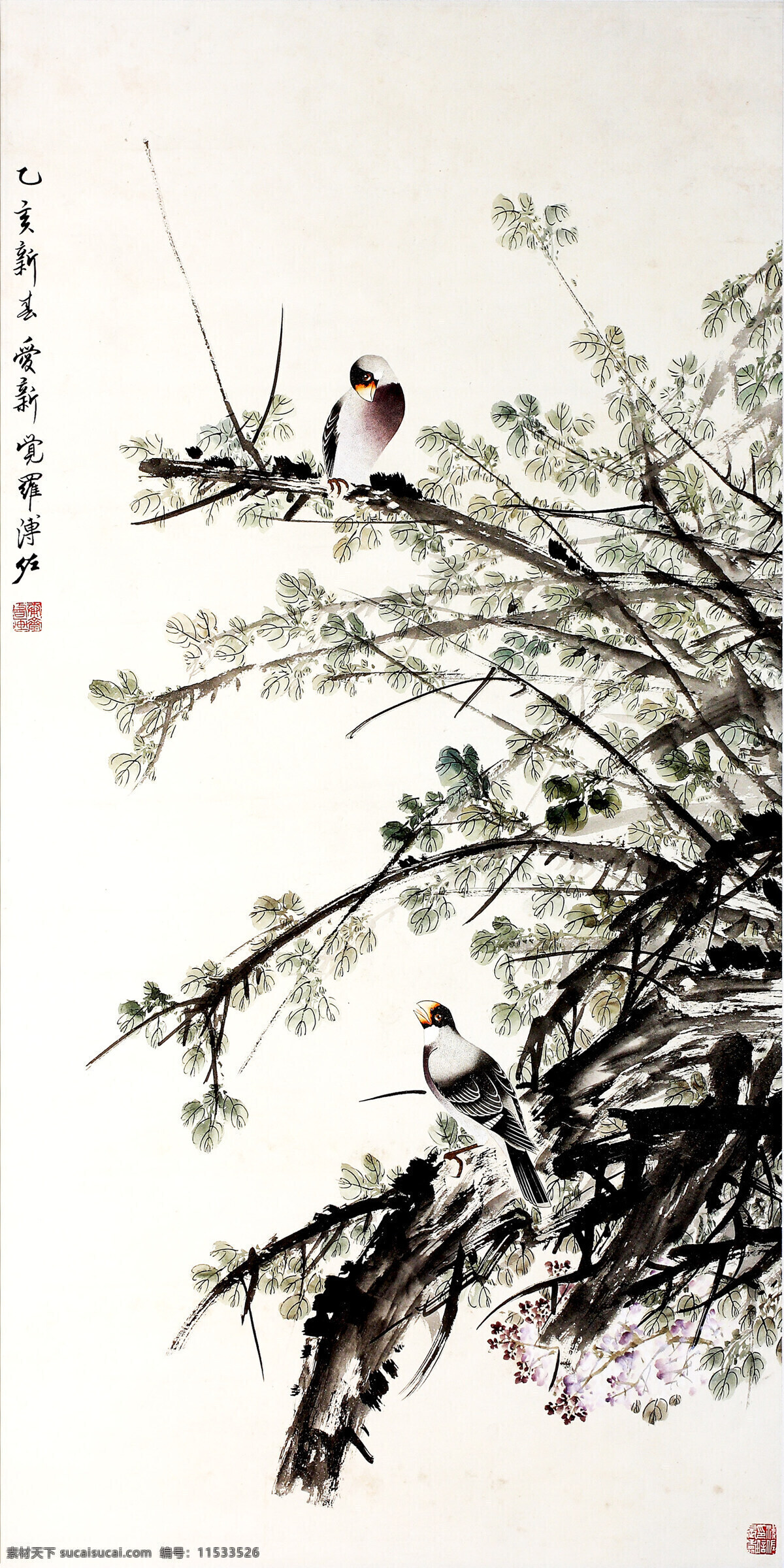 彩墨画 春晓 国画艺术 花卉 绘画书法 美术 鸟 中国画 水墨画 树木 叶子 书法 印章 国画集30 文化艺术 装饰素材 雕刻 图案