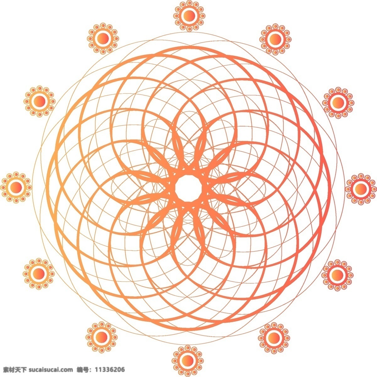 原创 珊瑚 橘 矢量 几何 万花筒 旋转 渐变 元素 设计元素 装饰 花纹 珊瑚橘 锦鲤红 可商用