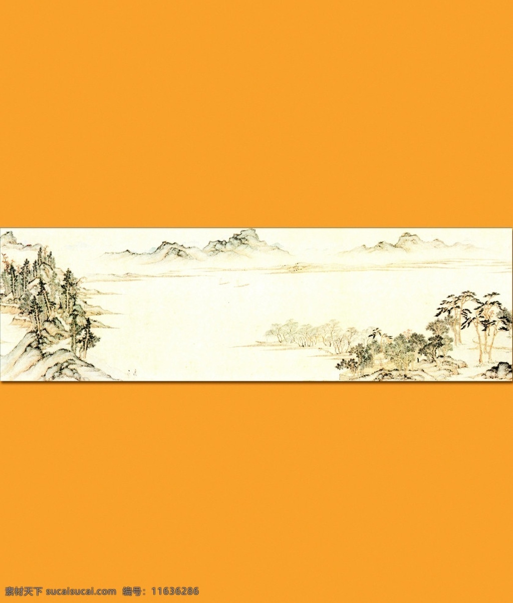 国画山水 国画 山水 风景 移门 四维空间 大气 黄底 桔黄 大黄 树 山 石头 景色 背景底纹 底纹边框