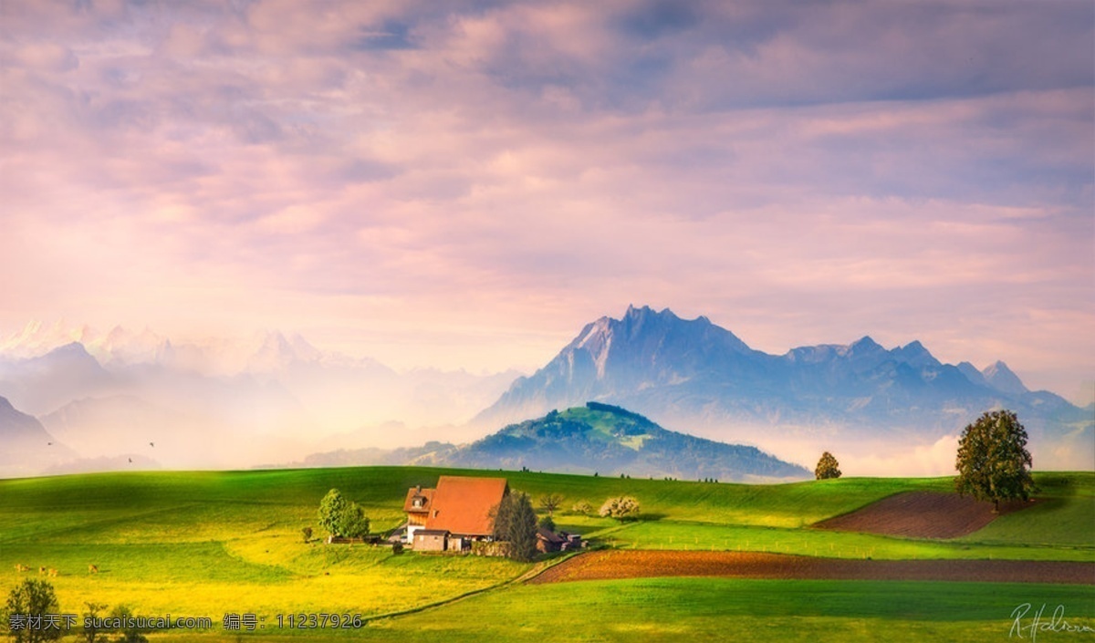 瑞士风景夕阳 蓝天草地图 瑞士 后 风光 摄影师 robinhalioua 夕阳 蓝天 变色 云 唯美 房子 草地