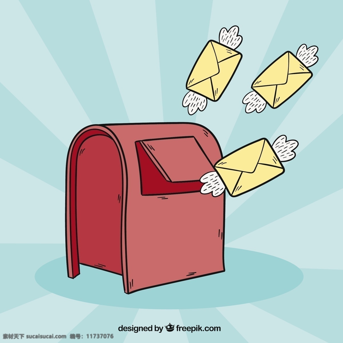 红色 邮箱 背景 带有 手绘 翅膀 信封 手 盒子 递送 电子邮件 通信 绘图 邮寄 粗略 草图 发送