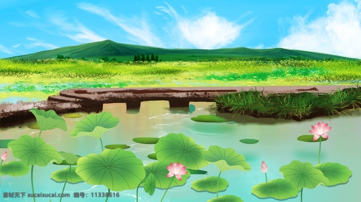 夏日 户外 荷叶 池塘 背景 夏天 卡通 彩色 创意 装饰 设计背景 海报背景 简约 图案