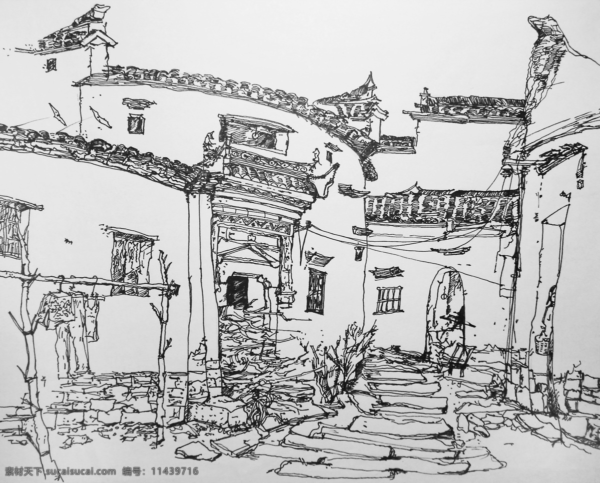 小镇 钢笔 速写 水乡 老房子 旧房 文化艺术 绘画书法 设计图库