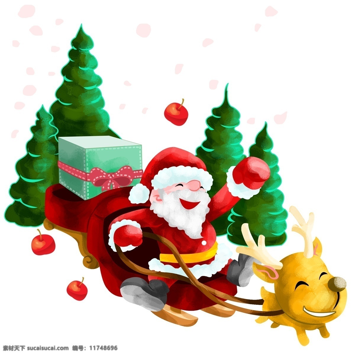手绘 圣诞节 送礼 物 插画 绿油油的松树 红色的雪橇 奔跑的驯鹿 圣诞节出口 卡通插画 圣诞老人 红色的苹果