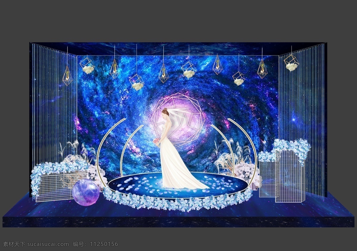 星空 迎宾 背景 婚礼 效果图 唯美 浪漫 梦幻 冷色 架构 网格 几何 芦苇 星球