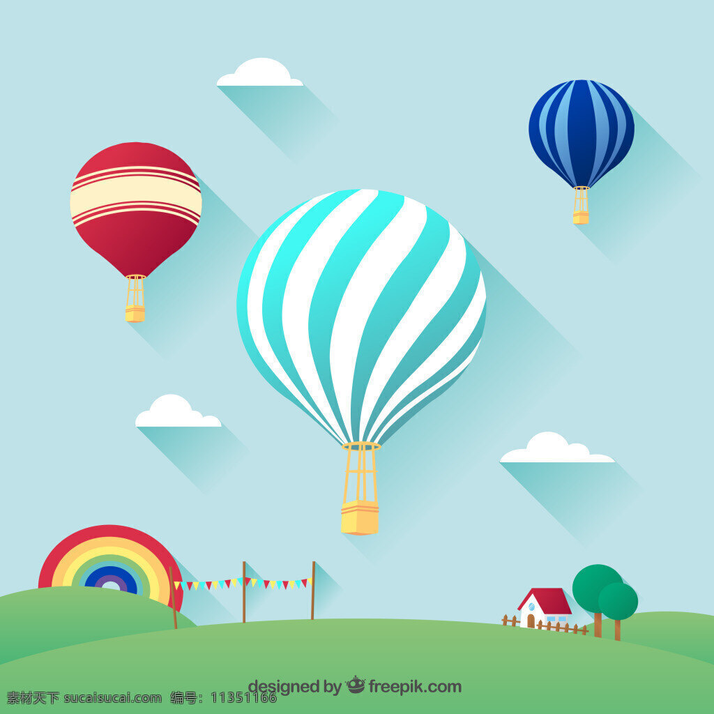 热气球插画 云朵 草地 热气球 郊外 房屋 树木 彩虹 矢量图 ai格式 青色 天蓝色