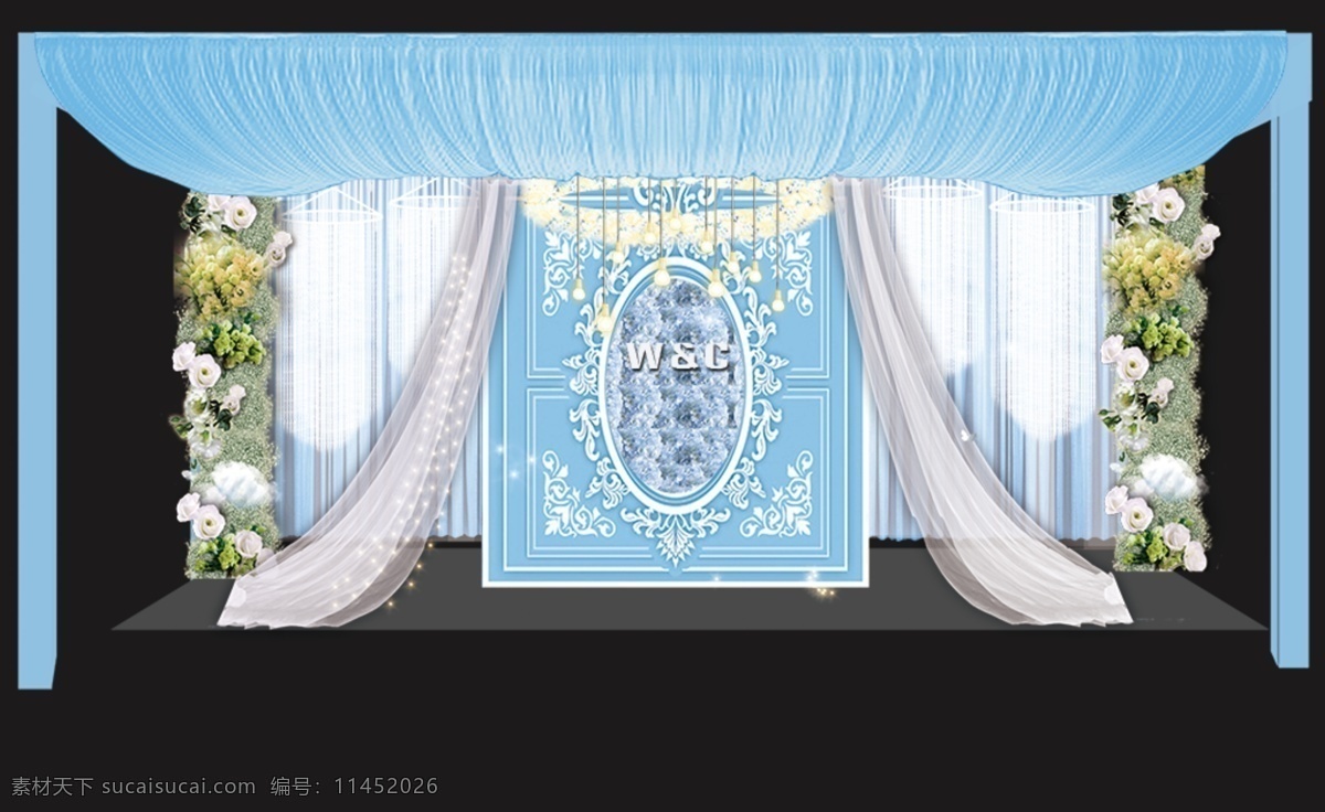 蓝色 吊顶 浪漫 迎宾 区 主 舞台设计 花墙 婚礼 效果图 蓝色婚礼 婚礼背景墙 婚礼舞美设计