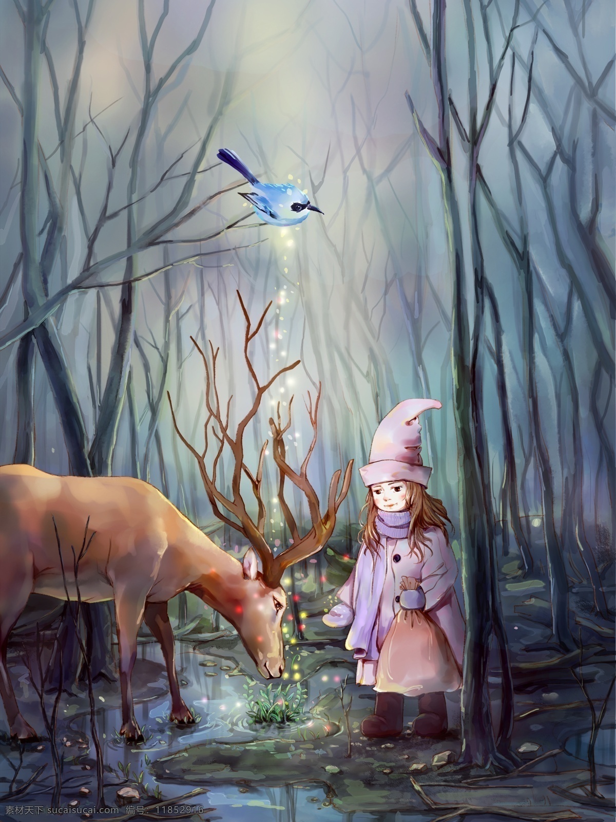 原创 小 清新 插画 林 深 见 鹿 女孩 森林 大自然 壁纸 树木 小鸟