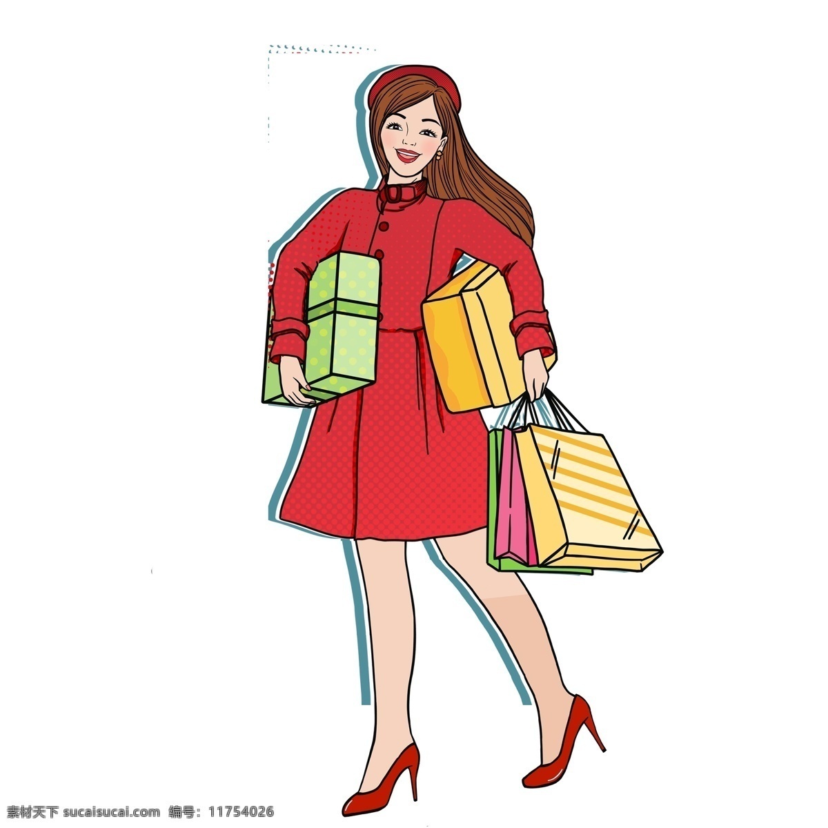 卡通 年货 女孩 贴纸 人物 插画 礼物 礼品 购物 女人 年货节 购物袋 女性 办年货