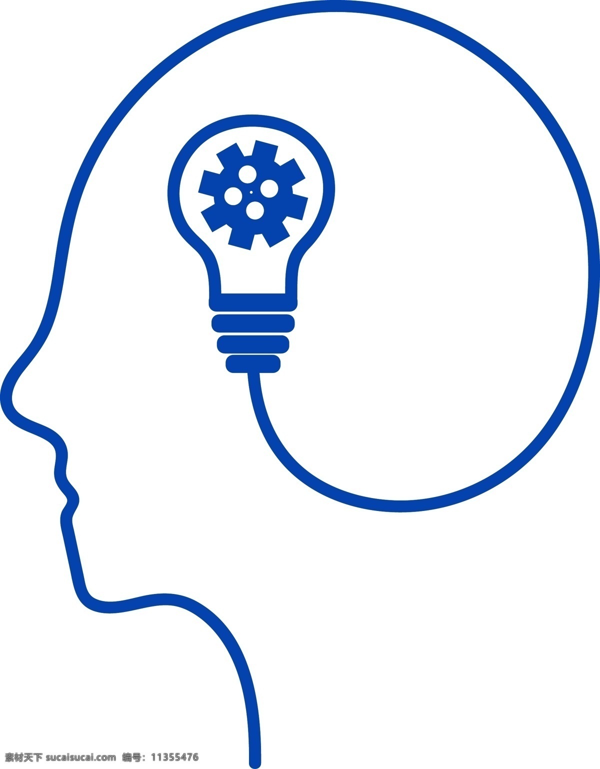 矢量 大脑 中 亮起 电灯 脑子 脑 人脑 脑筋 灯泡 通电 想法 蓝色 线条 曲线 扁平 齿轮 链接