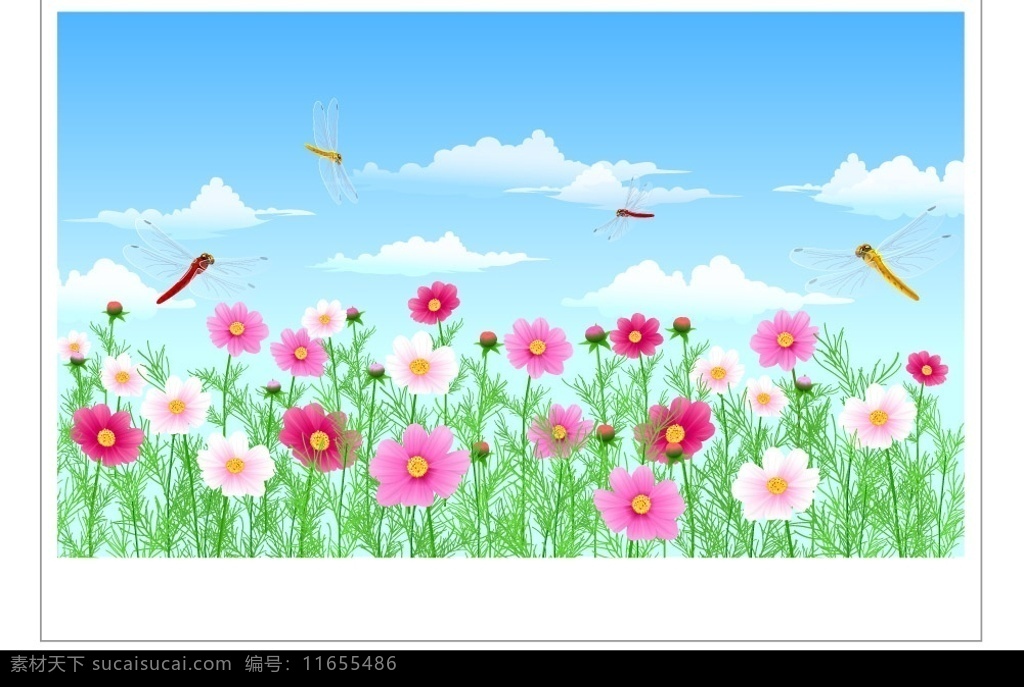 花上蜻蜓飞 蓝天 白云 花 蜻蜓 草 自然景观 自然风景 矢量图库