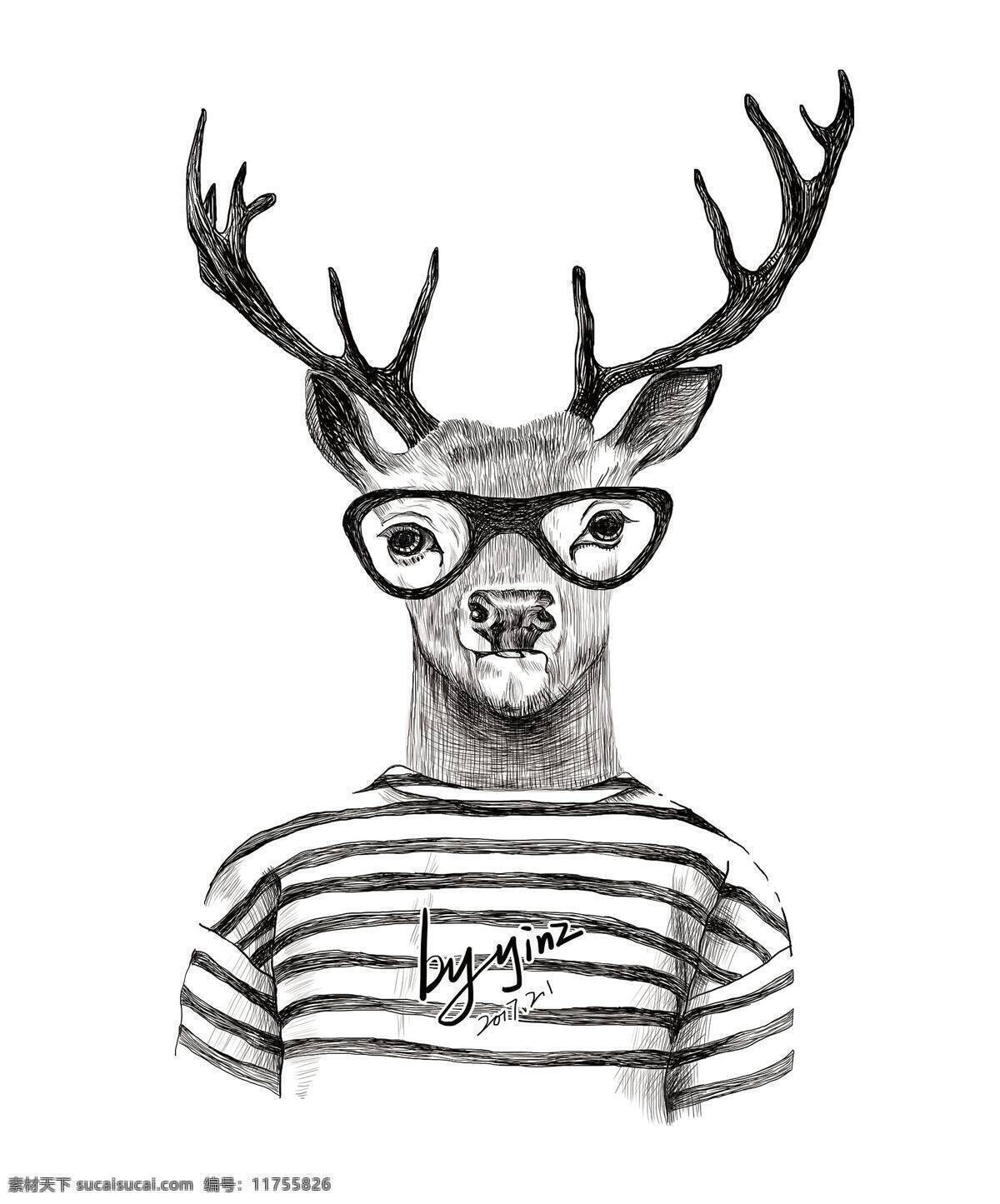 鹿先生 麋鹿 鹿 鹿角线描 插画 喵咪 狮子 儿童 简洁 黑白 色彩 素描 名片卡片